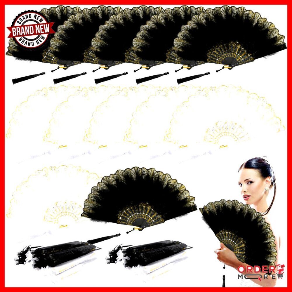 12 Vintage Feather Fans with Lace Embellishment for Weddings and Parties